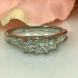 1.25 CT Princess Cut Simulated  Three Stone Engagement Ring, 14k White Gold Over Silver, Classic Channel Set Bridal Anniversary Ring