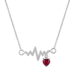 Simulated Ruby Heartbeat Pendant Necklace in 14K White Gold Plated 925 Silver Women's Gift