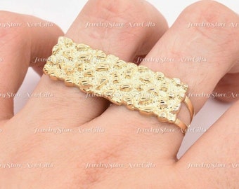 Men&#39;s Rectangular Nugget Two Finger Ring 14K Yellow Gold Plated Sterling Silver | Diamond Cut Nugget Statement Ring | Sizes 8-12 Summer Sale
