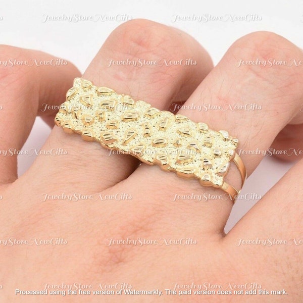 Men's Rectangular Nugget Diamond Cut Two Finger Ring 14K Gold Plated Ring, 14K Gold Two finger man ring, 14k gold nugget ring Valentine Gift