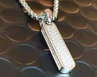 2.45Ct Round Cut Lab-Created Moissanite Men's Dog Tag Pendant, 14K White Gold Plated Necklace, Hip Hop Bling Pendant, New Year Gift for Him