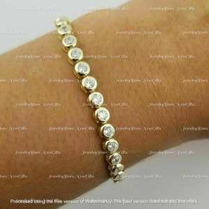 7 Carat Round Cut Bezel-Set 3mm Moissanite Bracelet Tennis Bracelet 7.5&quot; in 14K Yellow Gold Plated Silver 14K Gold Plated