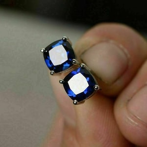 2.Ct Cushion Cut Lab-Created Blue Sapphire Solitaire Stud Earrings 14K White Gold Plated Sterling Silver Push Back Earrings