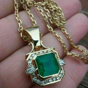 Beautiful! 14K Yellow Gold Plated Silver 4Ct Asscher Cut Lab-Created Green Emerald & Diamond Solitaire Pendant Chain Necklace