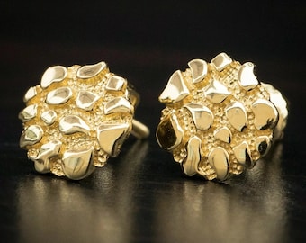 Men's & Women's 14K Yellow Gold Plated Sterling Silver Round Shaped Nugget Diamond Cut Stud Earrings Screw Back Earrings