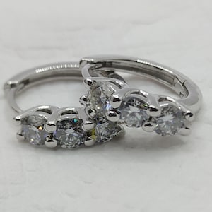 3-Stone Huggie Hoop Earrings, 1.00Ct Round Cut Moissanite, 14K White Gold Silver Plated, Wdding Earring, Engagement Earrings