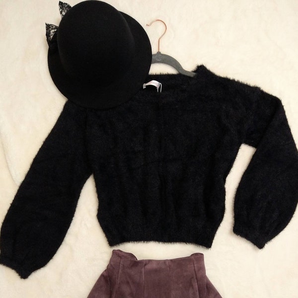 Black Fuzzy Crop Sweater