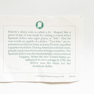 Pleasant Company Card for Felicity’s Bit Coin... vintage, retired