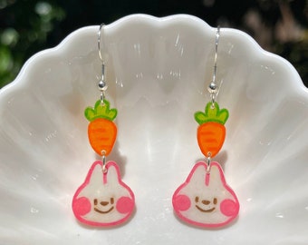 bunny carrot earrings - shrinky dink earrings, cute earrings, handmade earrings, dangle earrings, handmade earrings, hook earrings