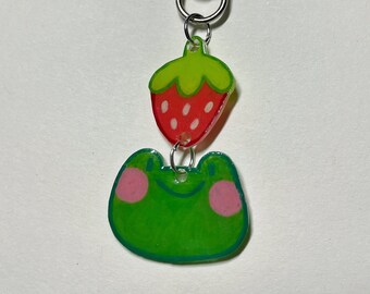 frog strawberry keychain - cute keychain, shrinky dink keychain, handmade keychain, frog shrinky dink, strawberry shrinky dink