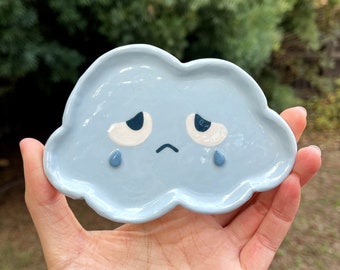 crying rain cloud trinket dish - trinket dish, cute trinket dish, clay trinket dish, handmade trinket dish, duck trinket dish