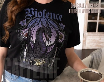 May include: A black t-shirt featuring a stained glass style graphic of a purple dragon. The text "Violence" is above the dragon. The shirt is officially licensed merchandise for the book "Fourth Wing" by Rebecca Yarros.