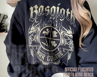 May include: Black sweatshirt with a gold graphic print of a castle, dragons, and the text "Bastion War College" and "Officially Licensed Fourth Wing Merch".
