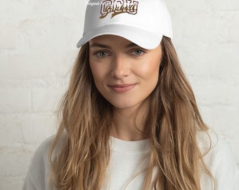 May include: White baseball cap with a gold embroidered logo that says "Go Dawgs!"