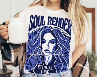 May include: White t-shirt with a blue graphic design featuring a woman's face and the text "Soul Render The Eternal Tour".