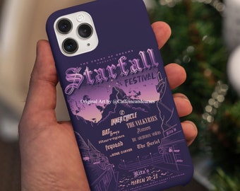 May include: A purple phone case with a graphic design of a fantasy festival called "Starfall" with a list of performers and dates. The text "Original Art by @Caffeineandcurses" is at the bottom of the design.
