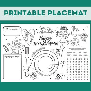 Puede incluir: Mantel individual de Acción de Gracias imprimible en blanco y negro con ilustraciones de un pavo, un peregrino, una niña nativa americana y una calabaza. Incluye campos de texto y un juego de búsqueda de palabras. Se muestra el texto "Happy Thanksgiving".