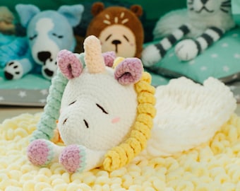 Knitted Unicorn Toy - Pyjama Case, Crochet Plushie Animals, Amigurumi Gift for Baby Girl, Newborn Gift