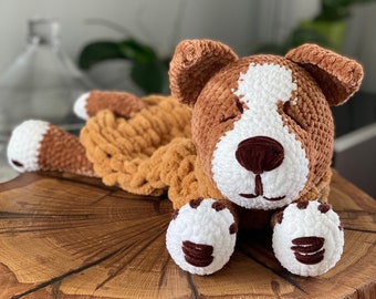 Plush dog is pajama bag, baby toy and also beautiful nursery decor, stuffed animals for girl and boy, pregnancy gifts.