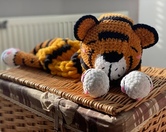 Plush tiger is pajama bag, baby toy and also beautiful nursery decor, stuffed animals for girl and boy, pregnancy gifts, crocheting.