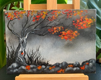 Fall tree on a windy night. Landscape impressionist, Acrylic painting on canvas board, 6x4 inches, Free Shipping