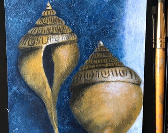 The Golden Shells, Original painting on acrylic paper, 9x7 inches, Free Shipping
