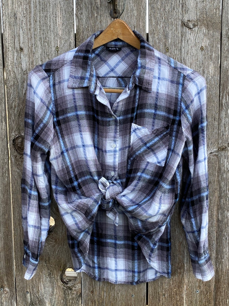 Gray and Blue Plaid Flannel Shirt Jacket Cream Upcycled Jayhawks Black