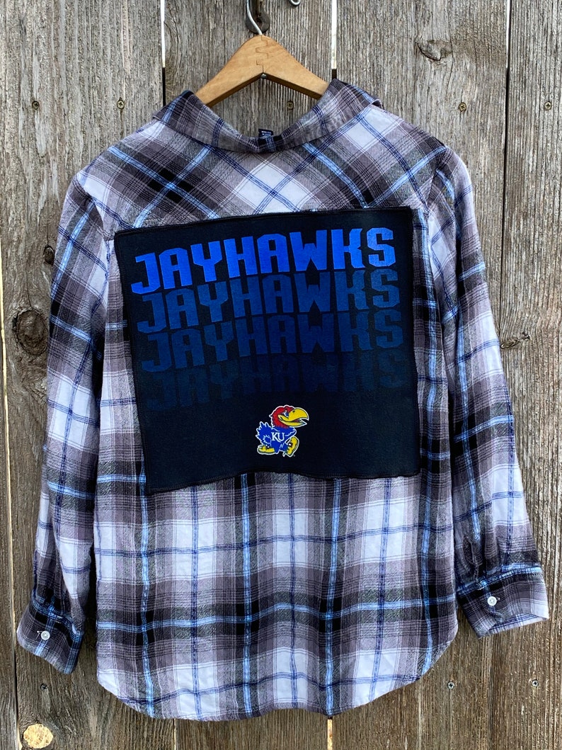 Gray and Blue Plaid Flannel Shirt Jacket Cream Upcycled Jayhawks Black