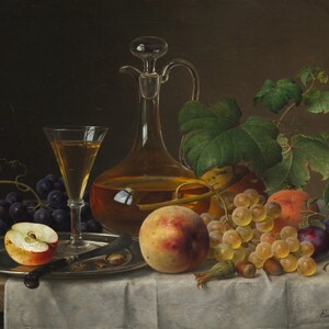 Tisch aufgebreitet Poster Druck Essen Vintage Kunst Obst Dekor Kunstwerk Blumenvase bunte Zeichnung Malerei Trauben Pfirsich Apfel Wein Platte Glas