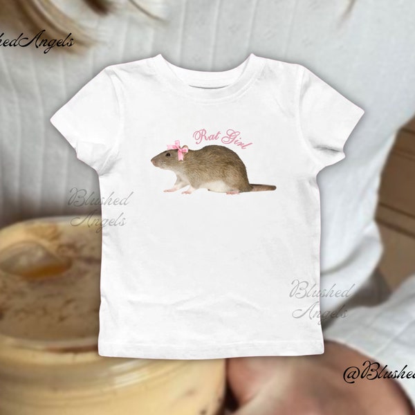 Fille aux rats rose coquette avec noeud de ruban | T-shirt bébé coquette, t-shirt bébé graphique de l'an 2000, t-shirt bébé des années 90, chemise tendance