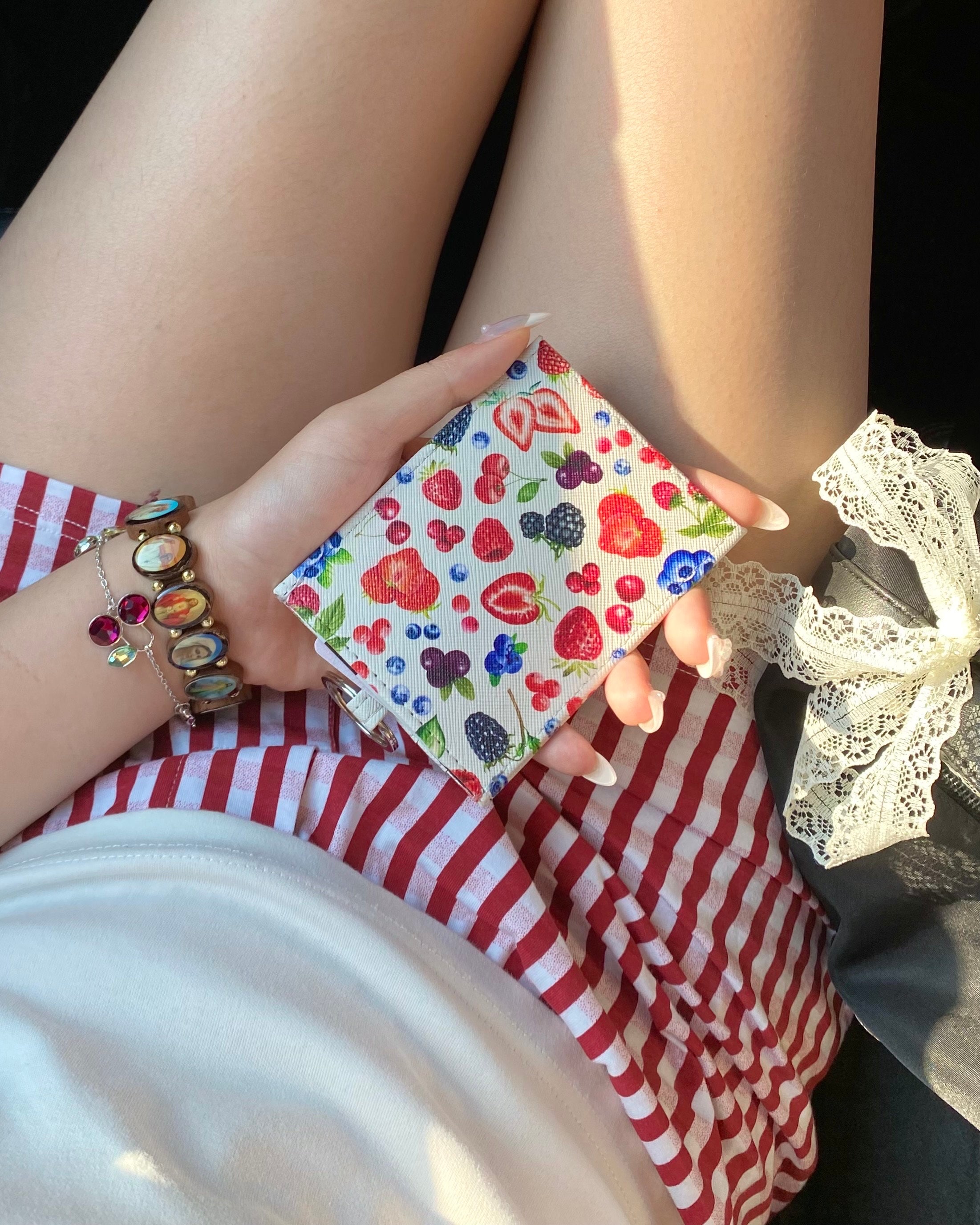 Summer Berries Coquette White Leather Cardholder Keychain Wallet | Trendy Trending Gifts for Her, Girly Gifts, Coquette Aesthetic Cool Gifts
