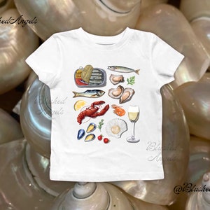 Painted Seafood Platter Collage Coquette Baby Tee | Y2k Graphic Baby Tee, 90s Baby Tee, Trending Shirt, Sardines Baby Tee, Lobster Baby Tee