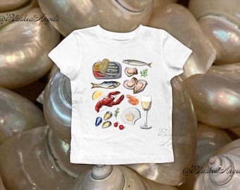 Painted Seafood Platter Collage Coquette Baby Tee | Y2k Graphic Baby Tee, 90s Baby Tee, Trending Shirt, Sardines Baby Tee, Lobster Baby Tee
