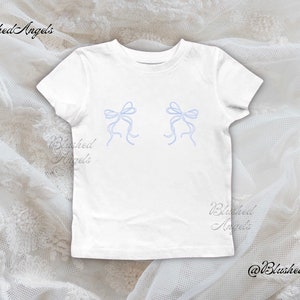 Double Blue Ribbon Bow Coquette Baby Tee | Y2k Graphic Baby Tee, 90s Baby Tee, Trending Baby Tee, Cool Girl Baby Tee, It Girl Baby Tee