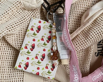 Strawberry Flowers Coquette Lana White Leather Cardholder Keychain Wallet | Trendy Gifts for Her, Girly Gifts, Coquette Aesthetic Cool Gifts