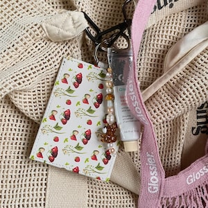 Strawberry Flowers Coquette White Leather Cardholder Keychain Wallet | Lana Del Rey Merch Wallet, Floral Cardholder, Coquette Aesthetic Gift