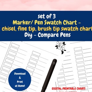 Coloring Pen Swatch Chart | DIY Chisel and Brush, Fine Liner Charts | Swatch Pens Compare brands | Digital PDF 3 charts