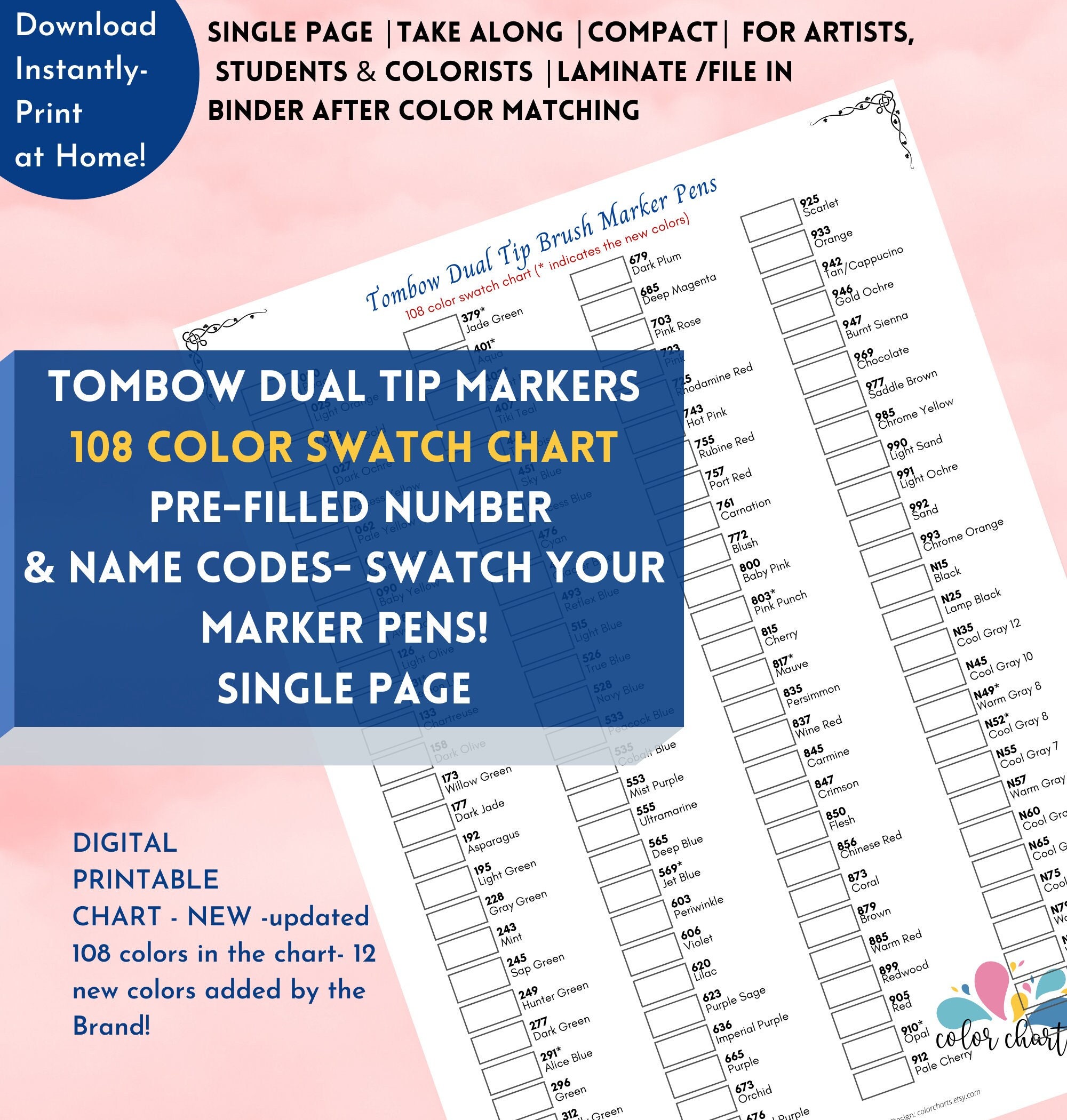 Tombow Marker Pen 108 Swatch Chart Semi Filled Color Chart - Etsy