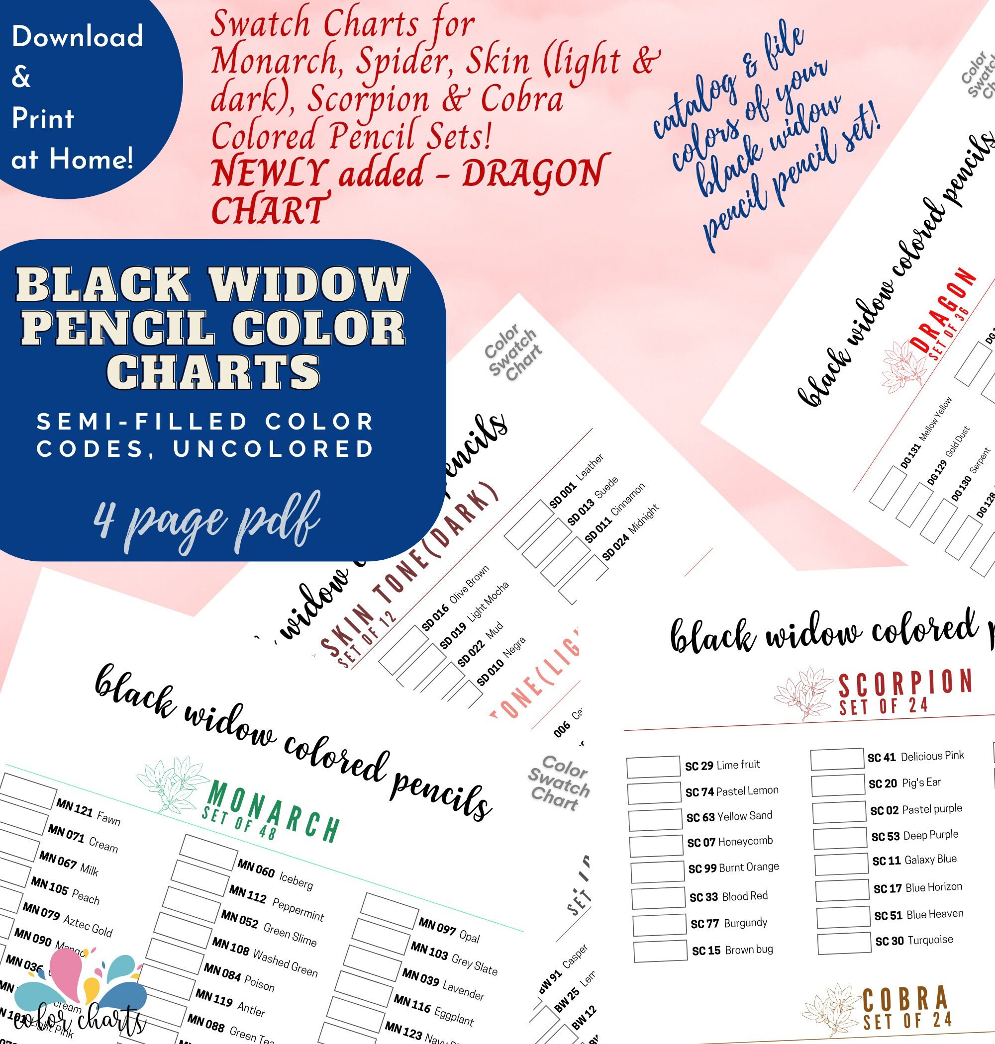 Black Widow Pencil Color Charts NEW Dragon Chart Added 4 Etsy