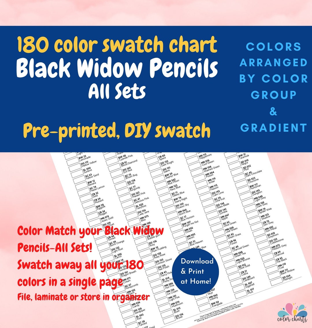 Black Widow 180 Color Swatch Chart Single Page Printable Etsy