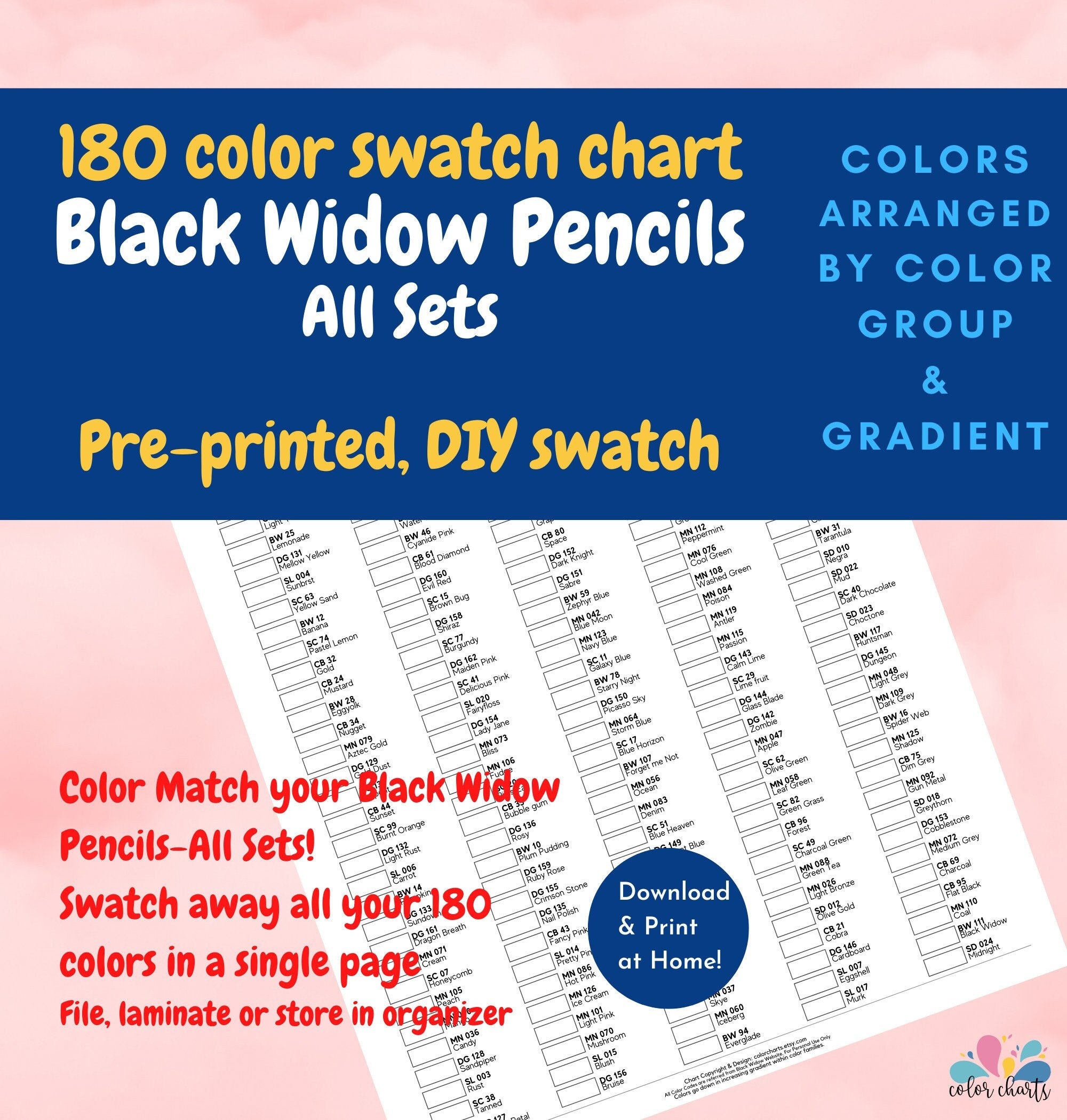 Black Widow 180 Color Swatch Chart Single Page Printable Etsy Canada