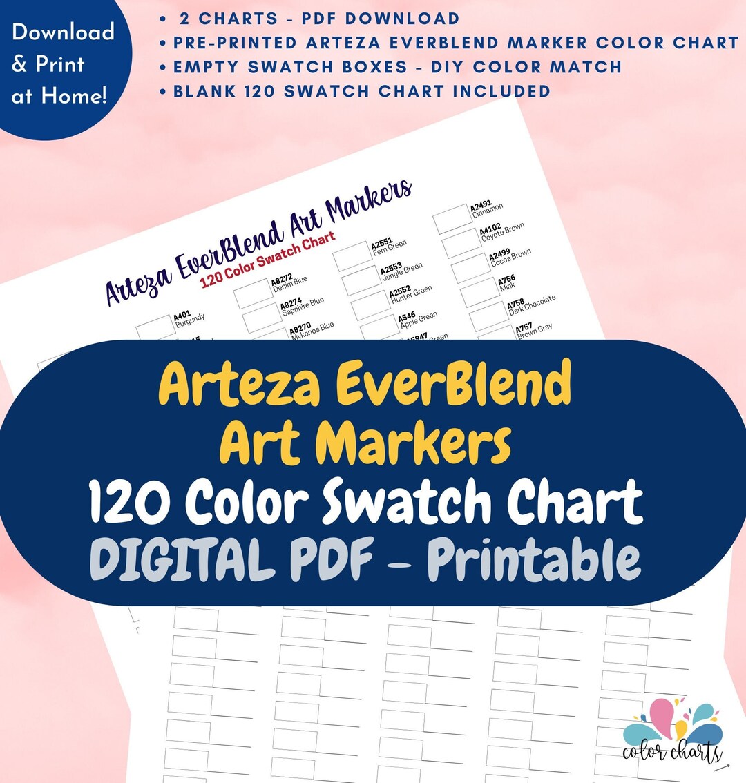 Arteza Everblend Art Markers 120 Color Swatch Chart Pre-printed Color ...