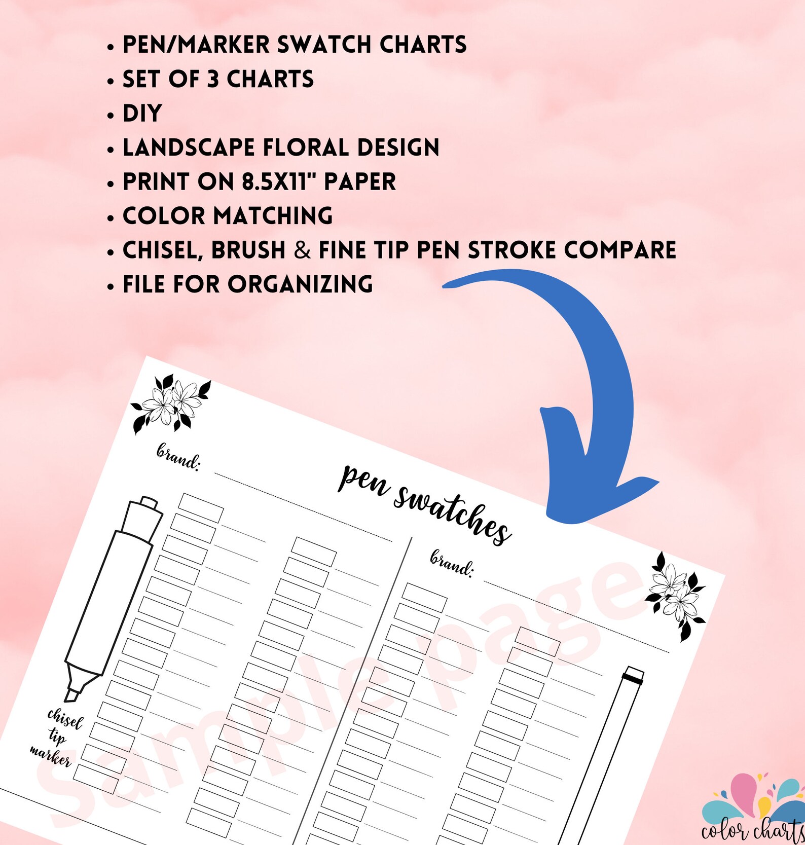 Coloring Pen Swatch Chart DIY Chisel and Brush Fine Liner - Etsy