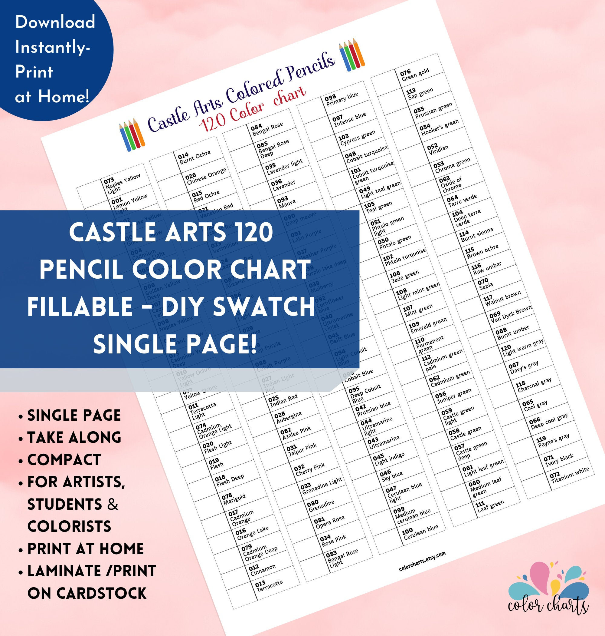 Castle Art Supply Colored Pencil 72 Set Color Charts and Color Cards to  Print (Download Now) 