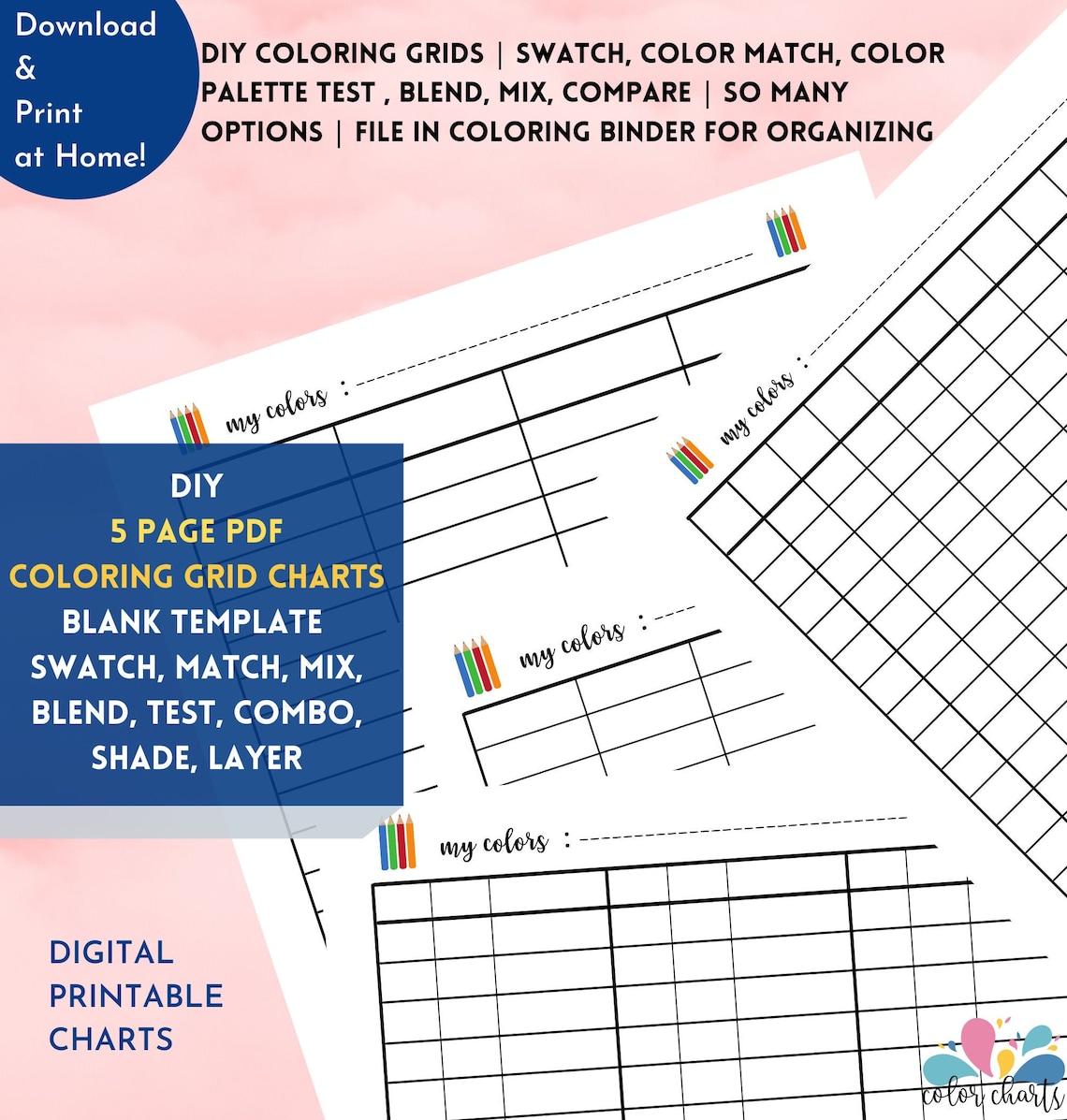 Coloring Grids Chart DIY PDF Printables 5 Pages Template Etsy