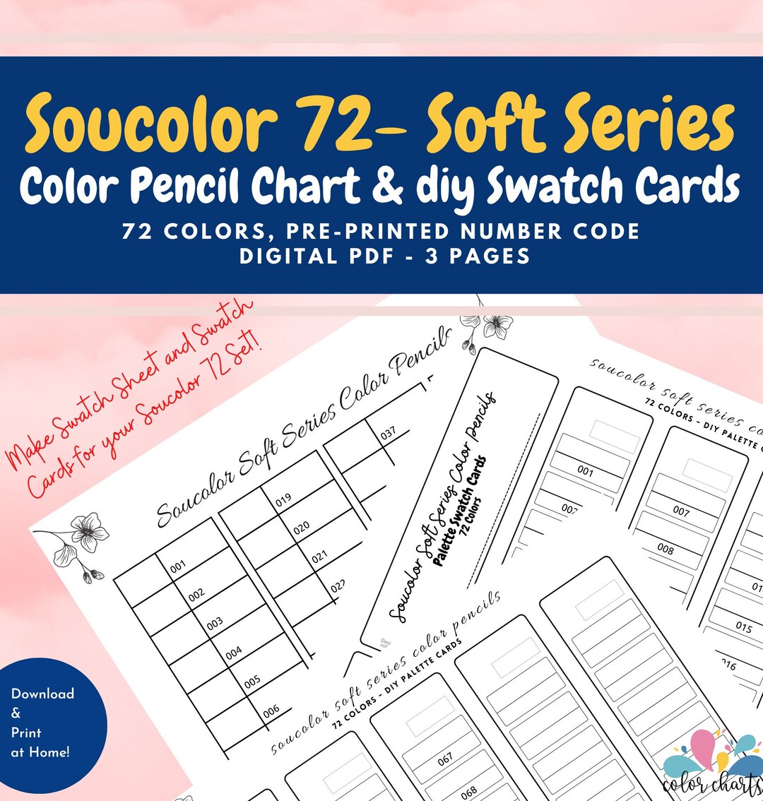 Soucolor 72 Soft Series Color Pencil Color Chart and Swatch Cards Set