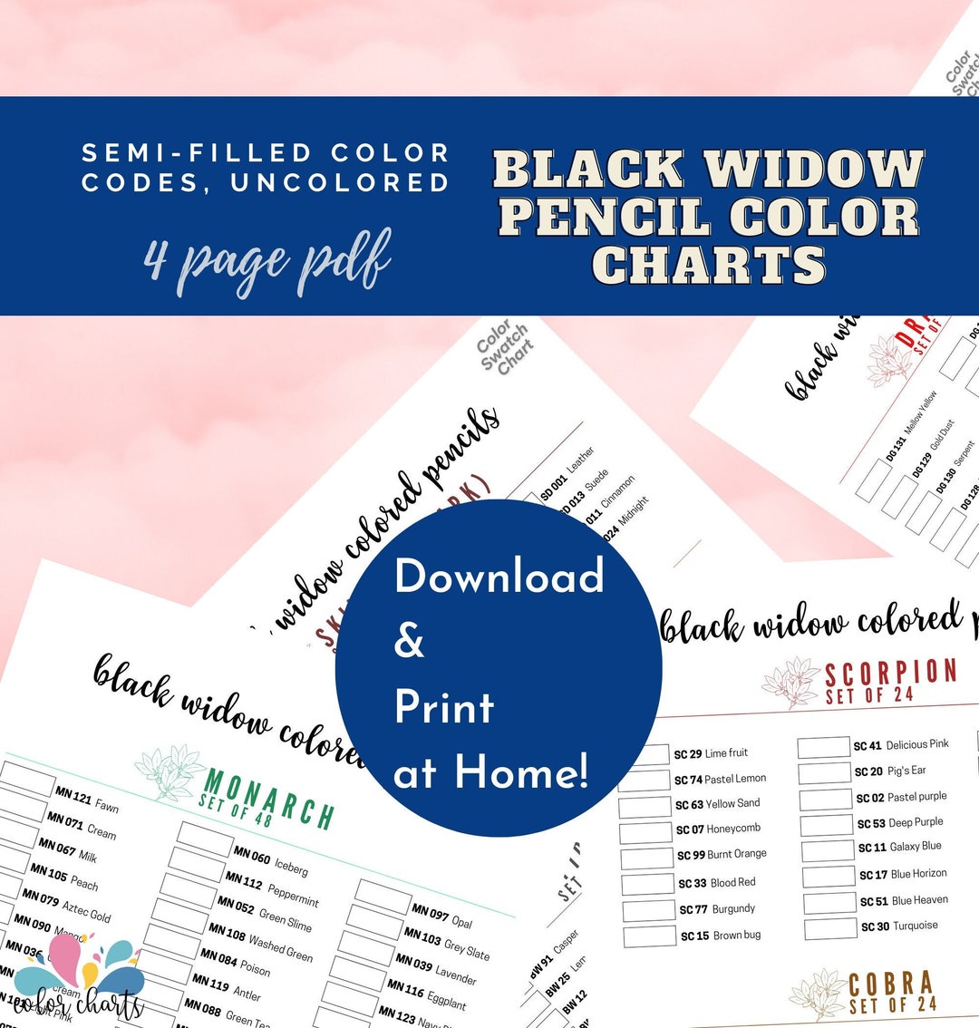 Black Widow Pencil Color Charts NEW Dragon Chart Added 4 Page PDF