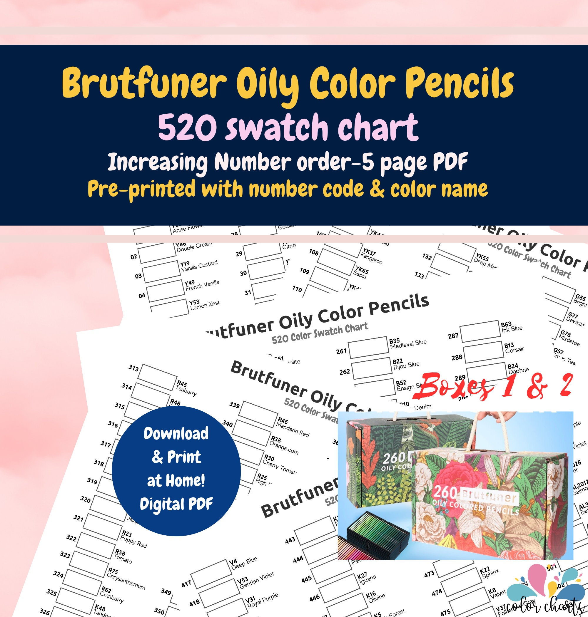 Brutfuner 520 Colored Pencils yellow Box Swatch Chart 
