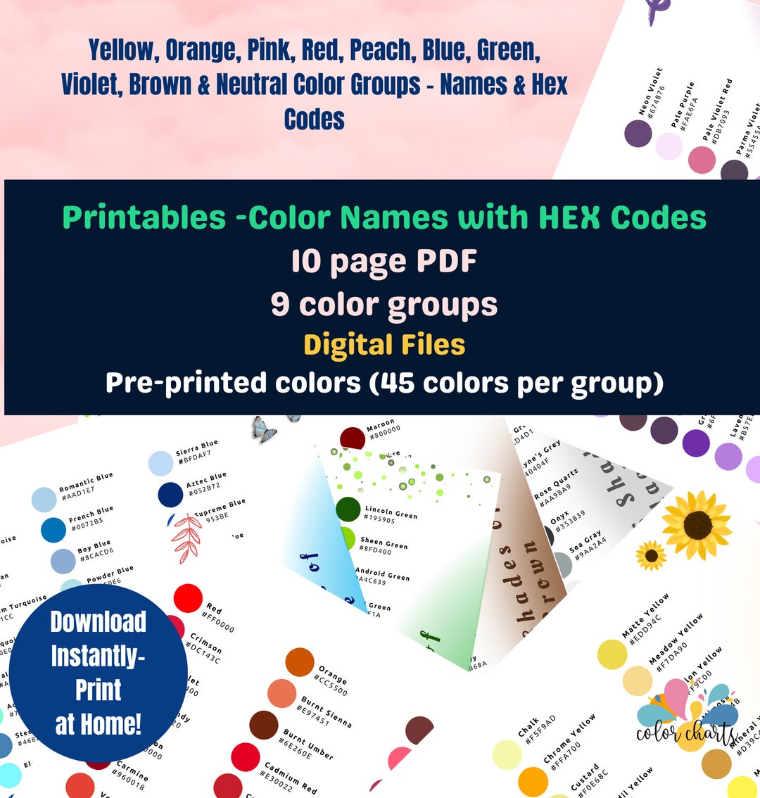 Color Names and HEX Codes Shades of Color Groups - Etsy Australia