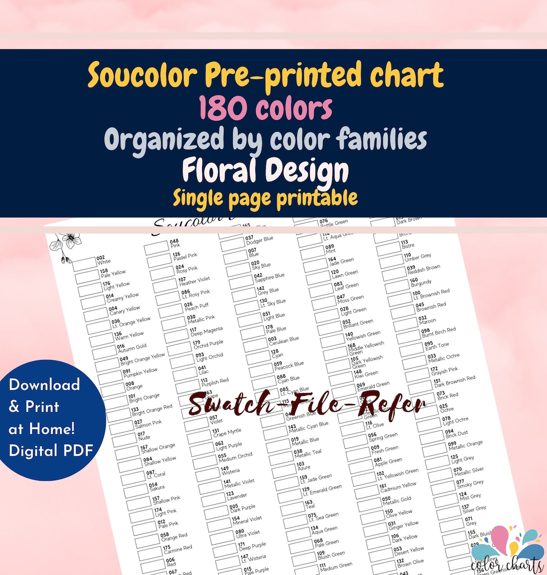 Soucolor 180 Chart Preprinted Color Codes Swatch (Download Now) Etsy